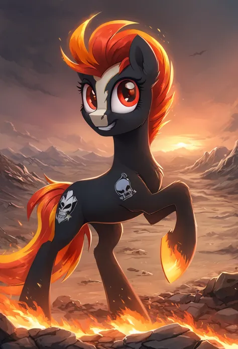 score_9, score_8_up, score_7_up, MLP, black fur, firey hair, red eyes, death, skull tattoo, desolate landscape, fire in the background, post-apocalyptic scene, only one pony, solo scene
