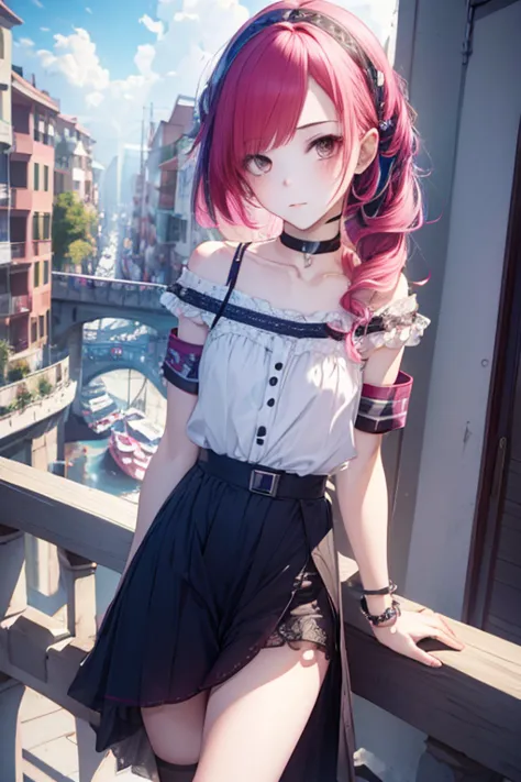 1girl, Wear casual clothes, accessories, choker, balcony, looking at viewer, armband, blush, multicolored hair, (sensual pose, f...