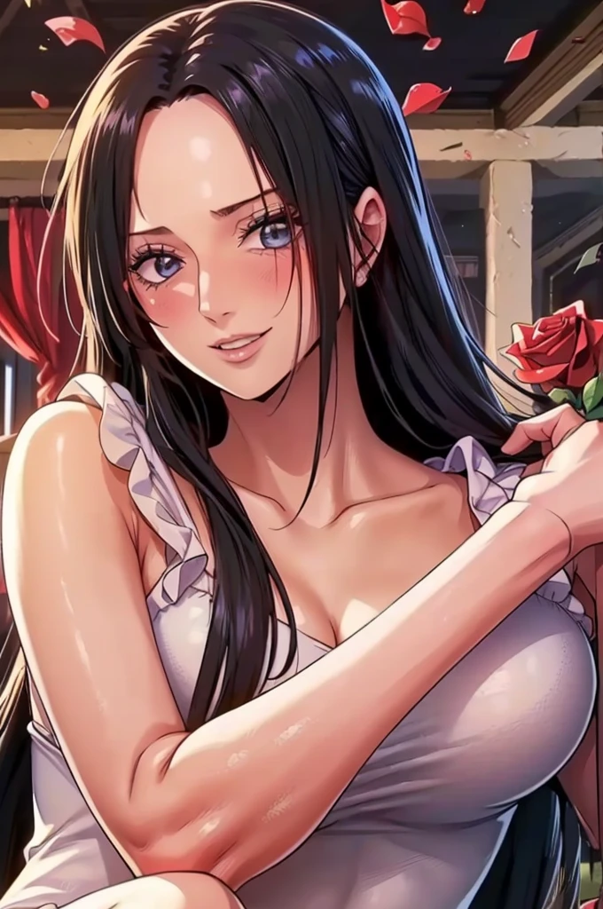 best quality, masterpiece, highly detailed,1girl,  ((rose)), (vine), cage, bandage, red rope, (detail light), falling rose petals, Boa Hancock, , (masterpiece:1.5), Detailed Photo, Smiling, Sexy, (8K, Best Quality: 1.4), (1girl), Beautiful Face, (anime realistic Face), (Black Hair, long Hair: 1.3), Beautiful Hairstyle, Realistic eyes, beautiful detail eyes, (white skin), beautiful skin, absurd, attractive, ultra high resolution, ultra realistic, high definition, golden ratio, (sexually aroused:1.5), Pinkish white skin, cool white light, sexy pose, Beautiful , white background, pink soft white light, Wear a white dress, sexy armpit, black lace bra