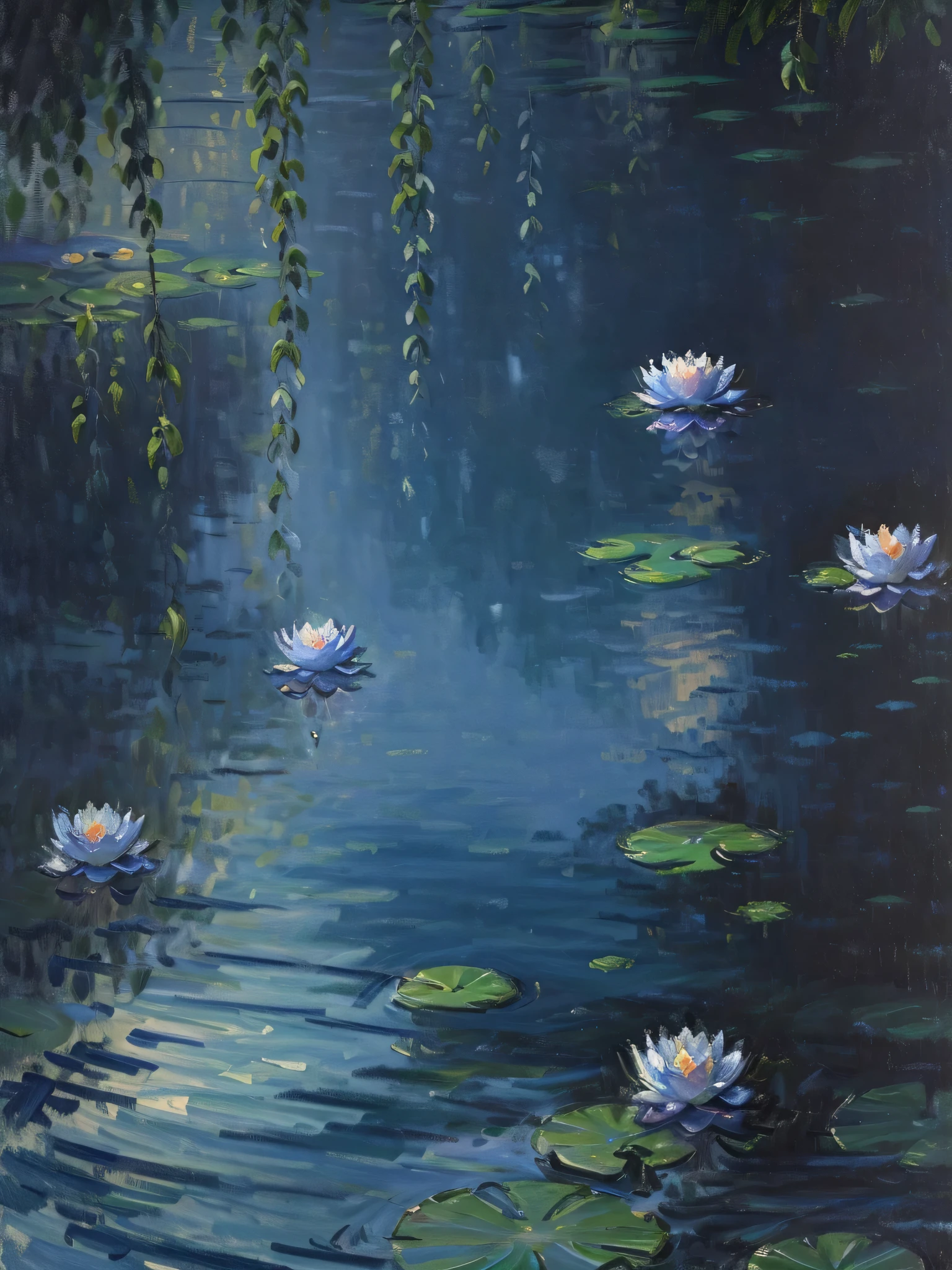 Oil painting by Monet，(best quality,4K,8k,high resolution,masterpiece:1.2),Very detailed,Practical,Beautiful moonlight lotus pond,Peaceful atmosphere,Reflected on the calm water,Lush lotus leaves,Lotus flowers blooming,Detailed water ripples,Lotus Planter Silhouette,Gentle night breeze,Quiet atmosphere,Soft moonlight illuminated the scene.,Subtle changes in light and shadow,Midnight blue and silver colors,Impressionist style,serene natural beauty,Poetic and nostalgic,Romantic atmosphere,The quiet beauty of moonlight,Dreamy and wonderful,Delicate petals under the moonlight,Graceful,Lotus flowers bloom.
