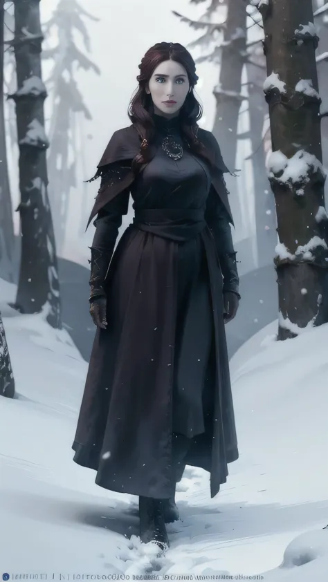 frostpunk, (carice van houten) as melisandre, ruby coat, boots, (frostpunk witch), standing, in the forest, winter, snow, (1woma...