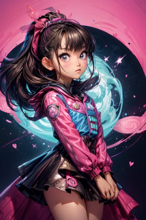 (Suzuka Nakamoto), woman with pink and blue makeup and a pink and blue jacket, brown girl in a cosmic dress, cartoon look, ava m...