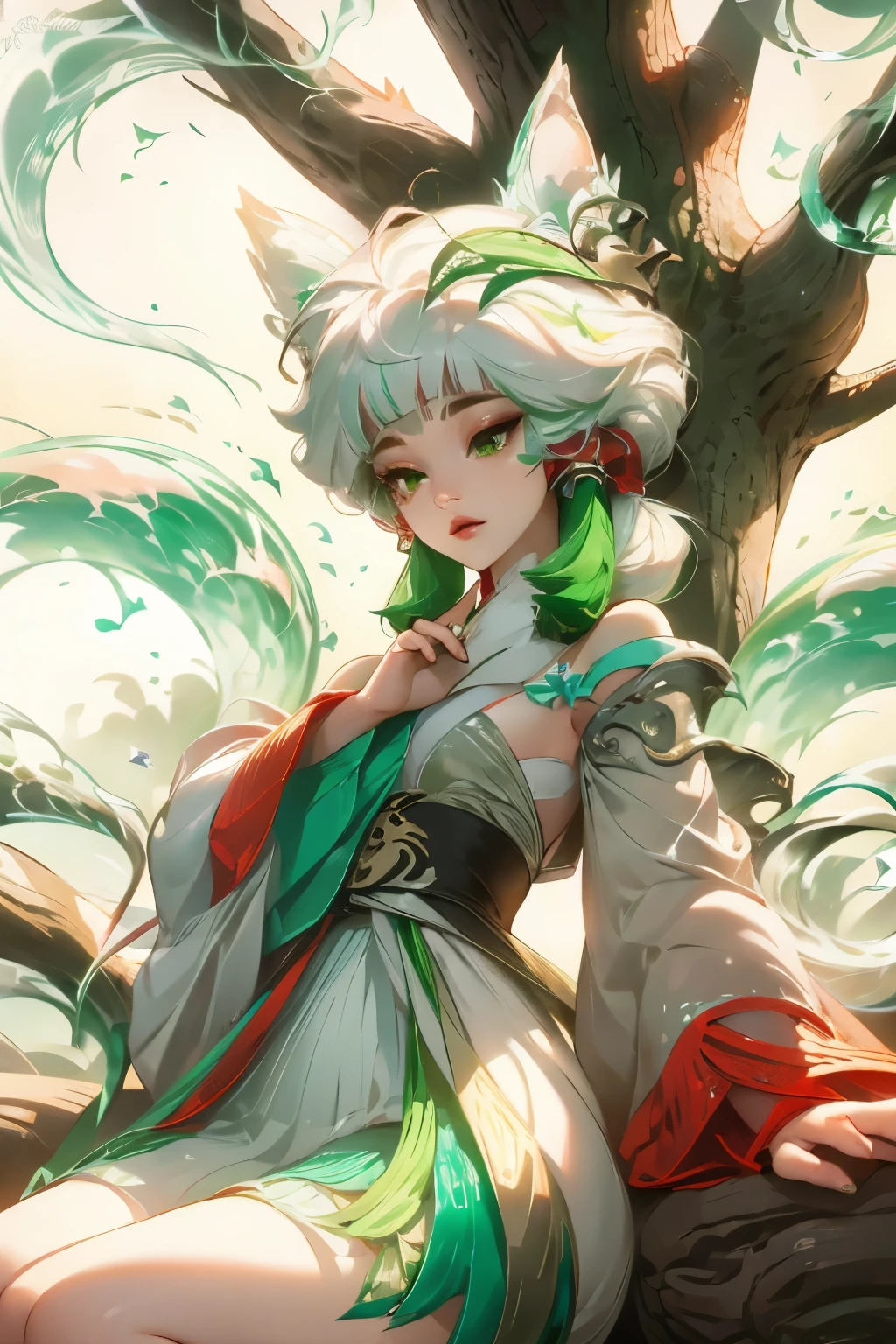 hanfu, (ru_grupo), árbol, piscina, pelo blanco, ojos verdes, Nashida_impacto genshin, niño, obra maestra, mejor calidad