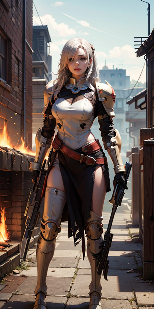 (masterpiece:1.2), (best quality:1.2), perfect eyes, perfect face, perfect lighting, 1girl, mature whsororitas with a laser rifle in her hands, scar over one eye, eyepatch, red tabard, white hair, warhammer 40k, chaos, fire, scifi, detailed ruined city background, power armor