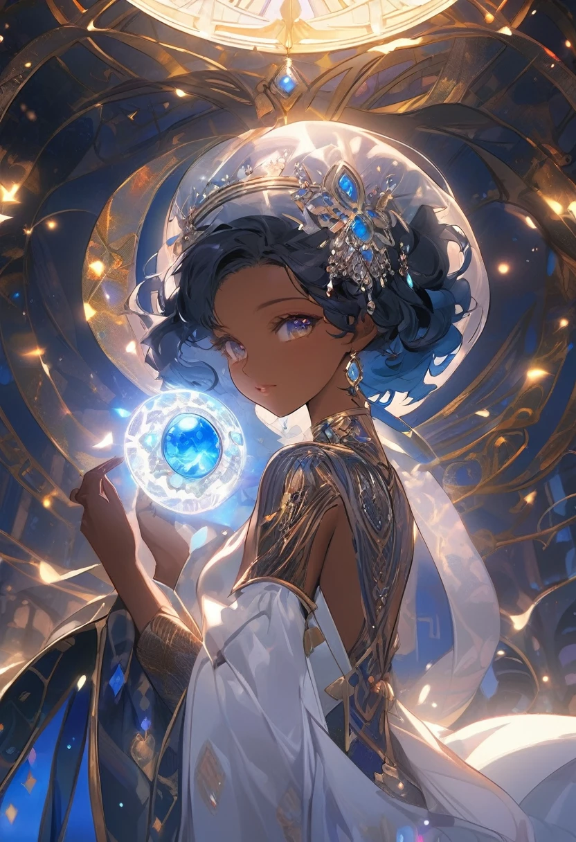 no mundo da fantasia，Havia um sacerdote corajoso e poderoso，Uma personagem feminina de RPG，Possuindo capacidades inigualáveis。Sua pele escura，Como uma rica tapeçaria de tons diferentes，Brilhando na luz etérea que a envolvia。Ela usava uma tiara de prata，A gema azul brilhante no meio exala ternura、brilho sobrenatural。Ela tem um par de olhos pequenos e misteriosos，isto&#39;É um mistério，Mas sua presença inspira respeito e admiração。
ao lado dela，Uma elfa flexível e graciosa，A pele é decorada com padrões intrincados，Dê a ela conselhos。Seu cabelo afro preto afilado caía pelas costas
