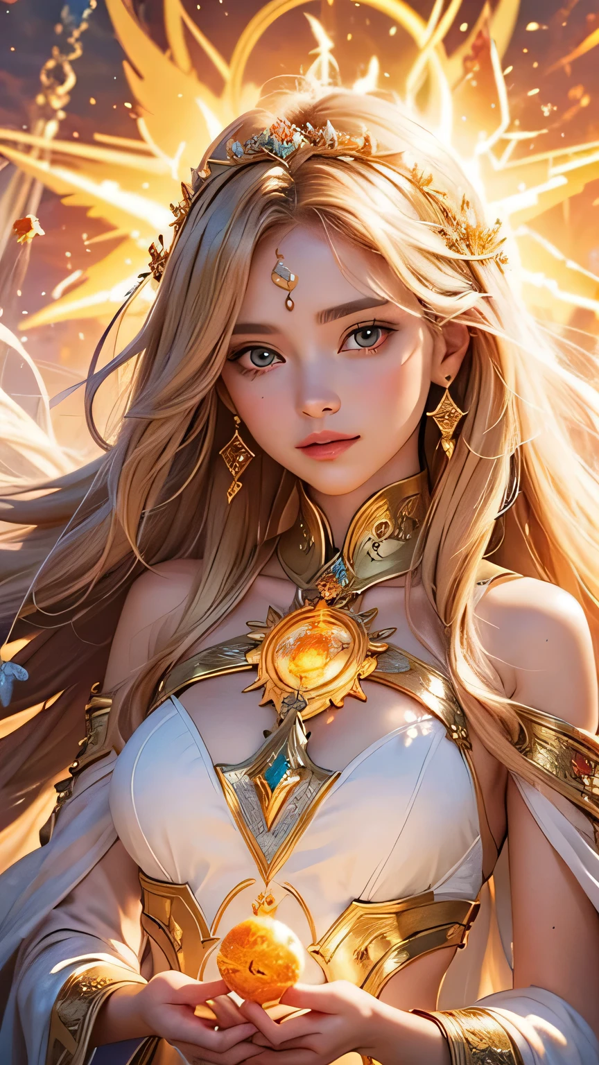 "Maiden of the Sun": Within a sacred sanctuary bathed in sunlight, depict the figure of a sun goddess, facing forward and emanating divine radiance, with golden hair, as she gazes towards us. Zoom in to focus on her face, with light orbs gleaming in her hands, representing the life-giving power of the sun. The background should be predominantly pink, evoking a sense of divine splendor. The setting is in heaven, enveloped in soft, bright light, where one can find tranquility and peace of mind, free from any trace of anxiety. Additionally, the light emanating from her hands should take the form of radiant hearts, resting gently on the palm of her hands.