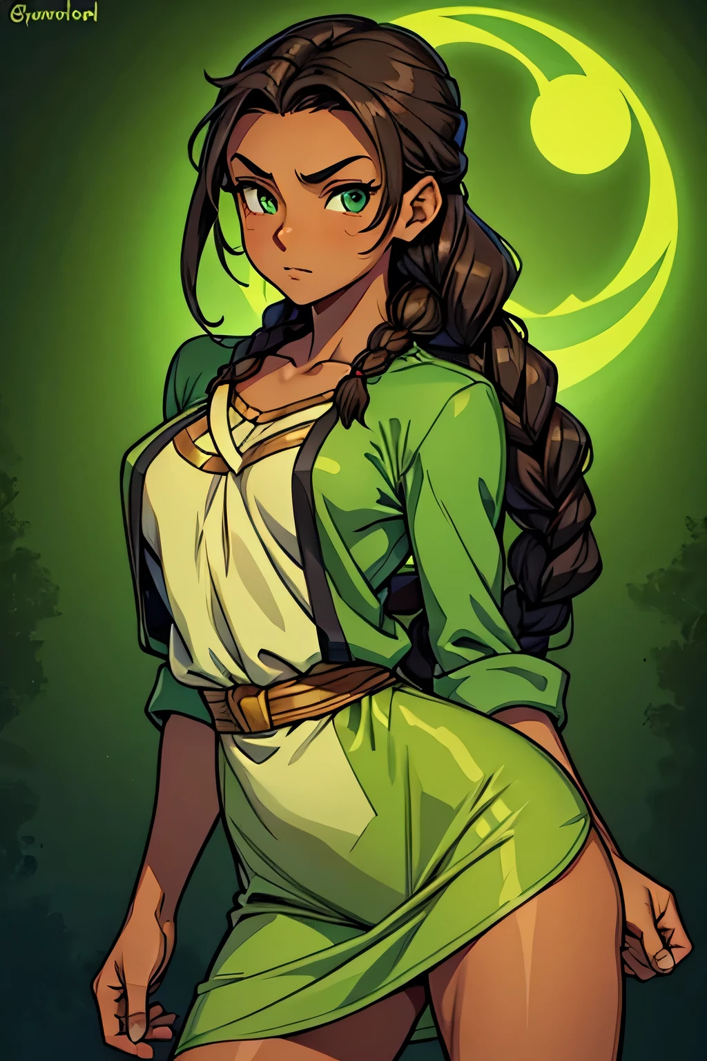 Earthbender human woman with tanned skin. She is a 16-year-old teenager with green eyes and green clothing. Her hair is brown in a just ONE braid. She is beautiful and her skin is dark in color. Her skin is slightly dark. Earthbender. Tsundere face. Beatifule and elegant large clothes. No Fingers