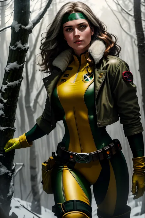 (dark shot: 1.1), epic realistic, Rogue from X-Men, 1 girl, only 1, beautiful, serious look, auburn hair, (one white streak of h...