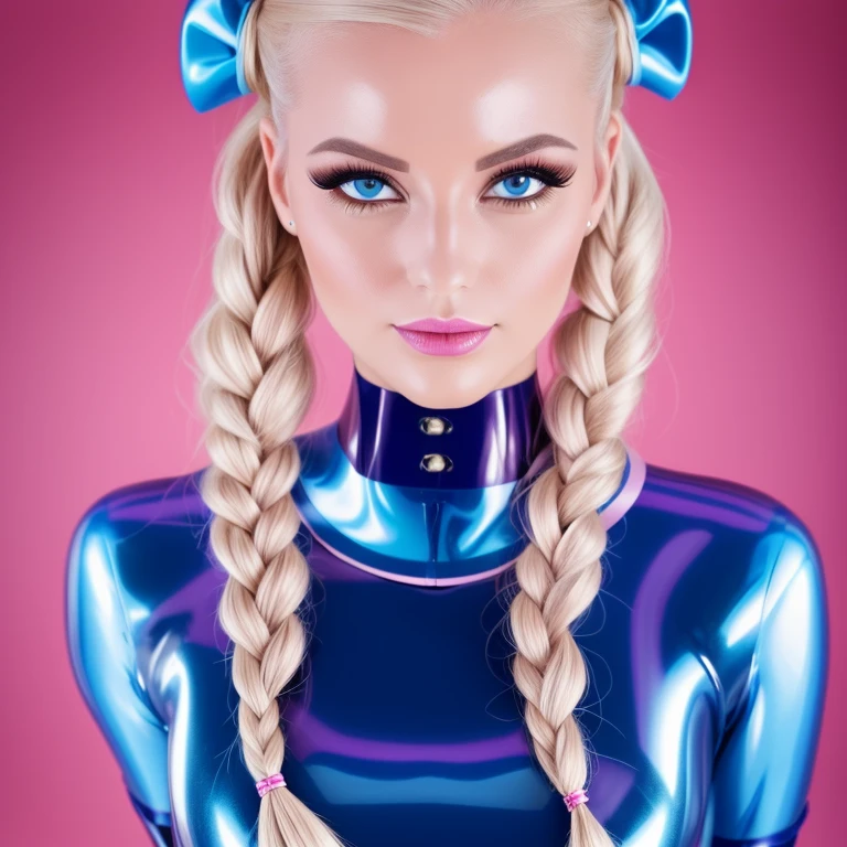 ((best quality)), ((Meisterwerk)), (Detailliert), Perfektes Gesicht, 4 Gorgeous young twin girls, blondes Haar, Space Buns, pink Latexbluse, Latex blouse buttoned up, Latex Bluse detailliert,shiny light blue latex skirt,shiny pink latex stockings,Red Shiny Lacquer PVC Shoes, Perfektes Gesicht, Detaillierte Augen, Detaillierte Lippen, Detailed hands, lange Wimpern, vollbusig, portrait, hight resolution, realistisch, Studiobeleuchtung, Lebendige Farben