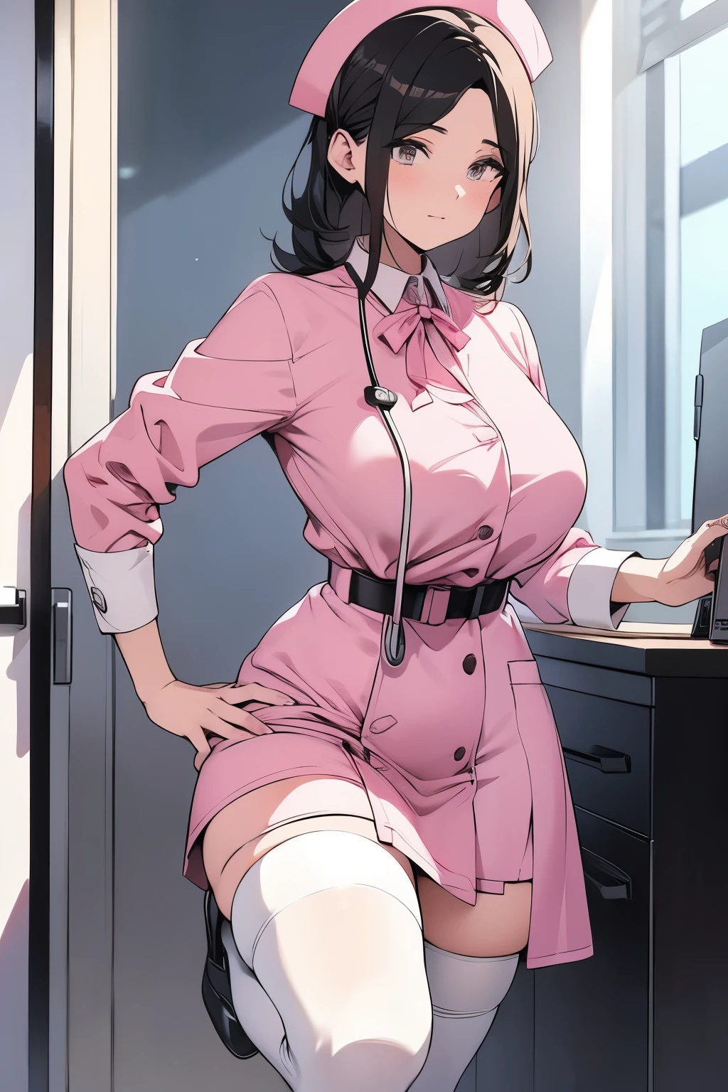 Mature nurse, looking at the viewer, white stockings, pink nurse uniform, stethoscope around her neck, holding examination file, examination room, standing on one leg