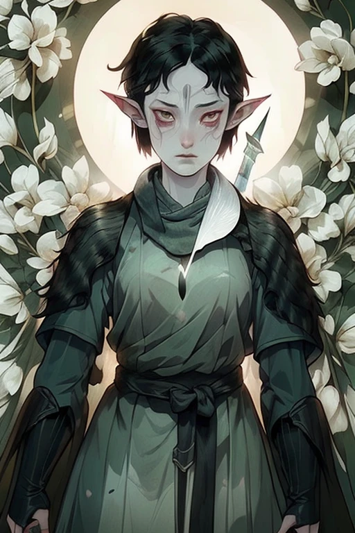 In Merrill, 1 girl, flower, Pointed ears, One, black hair, short hair, Scar, a knife, weapon, tears, elf, face tattoo
