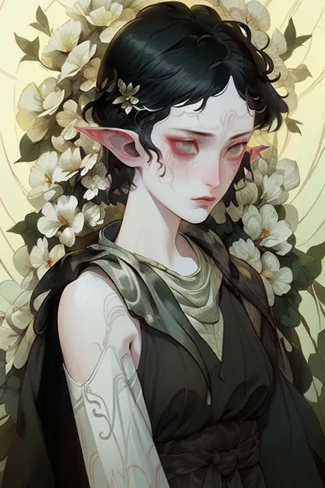 In Merrill, 1 girl, flower, Pointed ears, One, black hair, short hair, Scar, a knife, weapon, tears, elf, face tattoo
