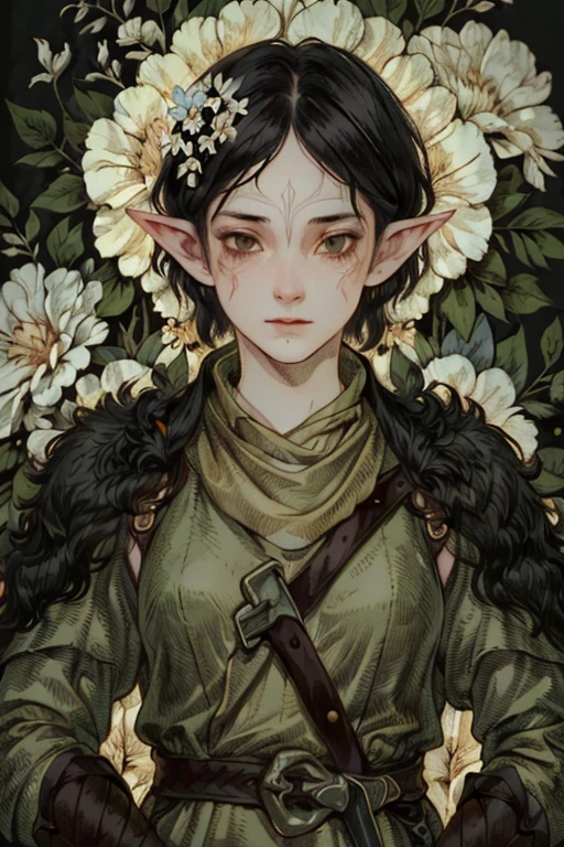 (best quality,4k,highres,masterpiece:1.2),ultra-detailed,realistic,portrait,dark,sharp focus,girl,flower,pierced ears,one,black hair,short hair,scar,knife,weapon,tears,elf,facial tattoo