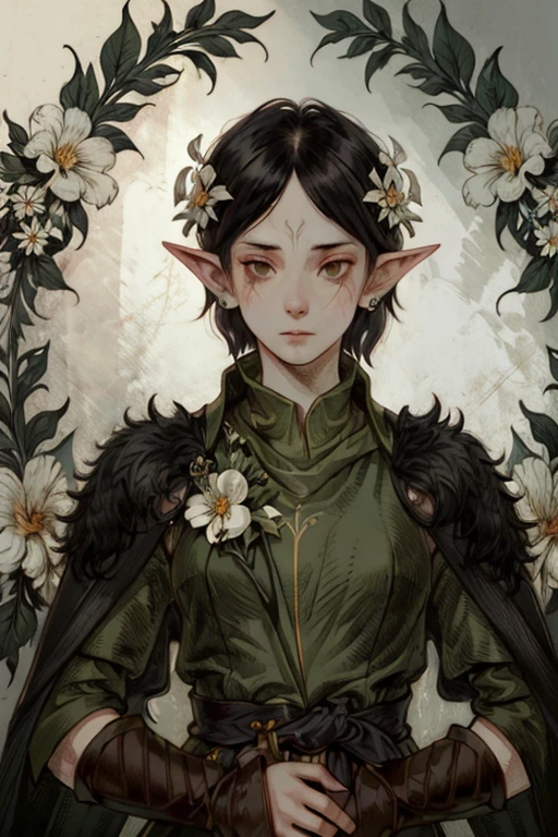 (best quality,4k,highres,masterpiece:1.2),ultra-detailed,realistic,portrait,dark,sharp focus,girl,flower,pierced ears,one,black hair,short hair,scar,knife,weapon,tears,elf,facial tattoo