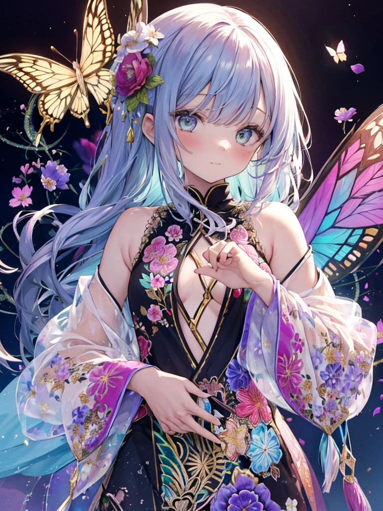 a beauty girl, Cute, Cute, Transparent, Beautiful, glinting, Leprechaun、Innocence, talent,Butterfly wings, tinker bell, Gentle, florals, Radiant, splatter step piece, Best Quality, of the highest quality, Official art, Beautiful and aesthetic: 1.2), (One girl: 1.3), Very detailed, (Fractal Art: 1.1), (Colorful: 1.1) (Floral pattern: 1.3) , Highest detail, (Zentangle: 1.2), (Dynamic Pose), (Abstract background: 1), (floral embroidery: 1.4), (Glossy skin), (Polychromatic: 1.4), Upper body, Hair Ornament