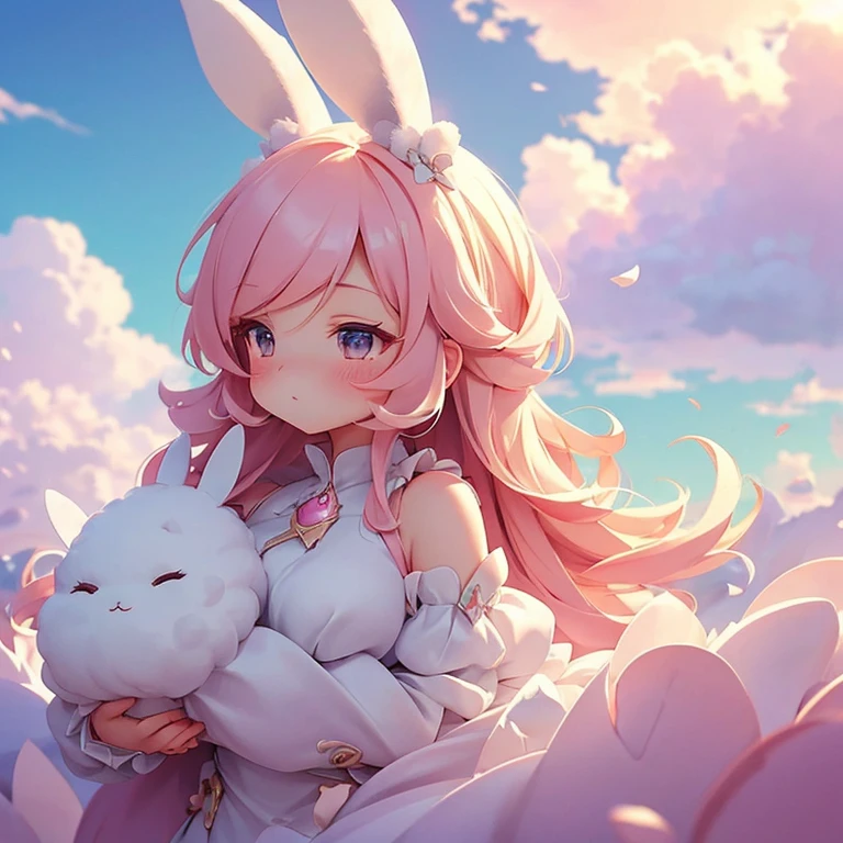 Bunny Morphing Girl, fluffy, soft ((highest quality)), ( Very detailed, Best details, Official Art, Beauty and aesthetics: 1.2), Depth of the written border, composition, whole body, (a bit), (Beautiful and detailed: 1.3), (wonderful:1), Colorful clouds blurred background,One girl,