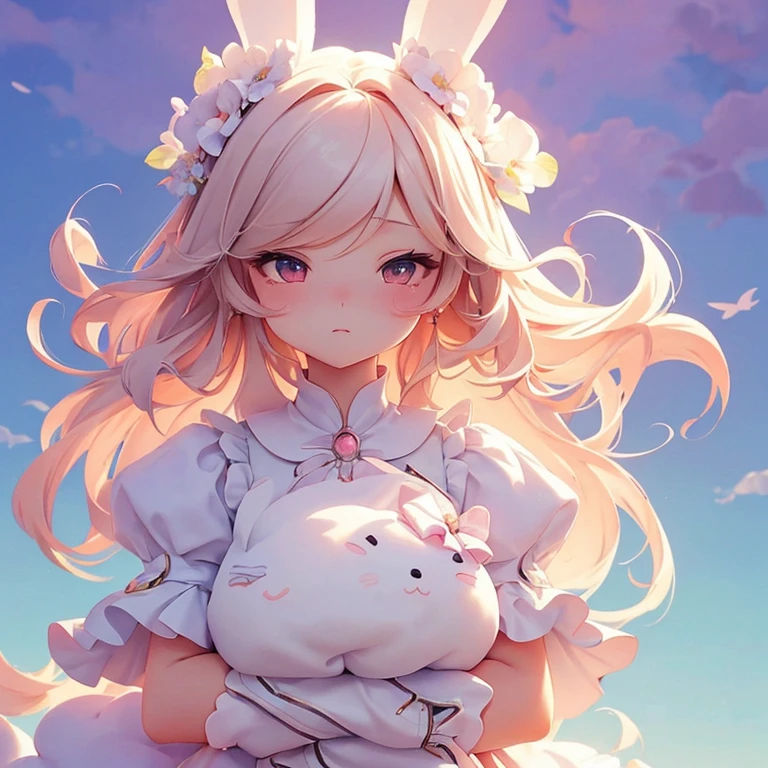 Bunny Morphing Girl, fluffy, soft ((highest quality)), ( Very detailed, Best details, Official Art, Beauty and aesthetics: 1.2), Depth of the written border, composition, whole body, (a bit), (Beautiful and detailed: 1.3), (wonderful:1), Colorful clouds blurred background,One girl,