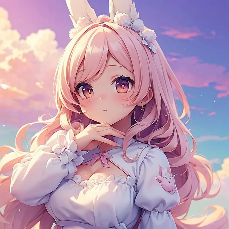 Bunny Morphing Girl, fluffy, soft ((highest quality)), ( Very detailed, Best details, Official Art, Beauty and aesthetics: 1.2), Depth of the written border, composition, whole body, (a bit), (Beautiful and detailed: 1.3), (wonderful:1), Colorful clouds blurred background,One girl,