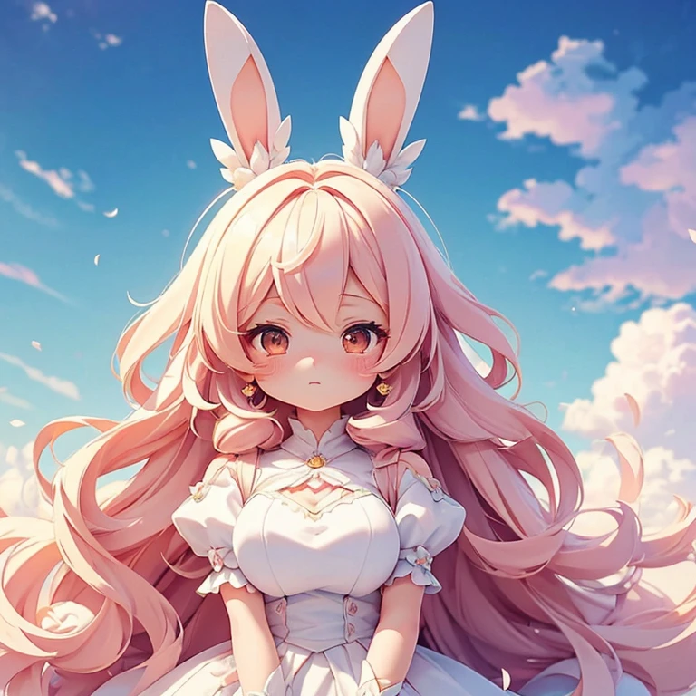 Bunny Morphing Girl, fluffy, soft ((highest quality)), ( Very detailed, Best details, Official Art, Beauty and aesthetics: 1.2), Depth of the written border, composition, whole body, (a bit), (Beautiful and detailed: 1.3), (wonderful:1), Colorful clouds blurred background,One girl,