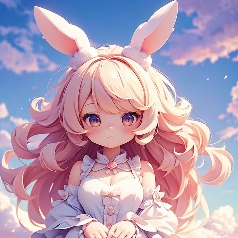 Bunny Morphing Girl, fluffy, soft ((highest quality)), ( Very detailed, Best details, Official Art, Beauty and aesthetics: 1.2), Depth of the written border, composition, whole body, (a bit), (Beautiful and detailed: 1.3), (wonderful:1), Colorful clouds blurred background,One girl,