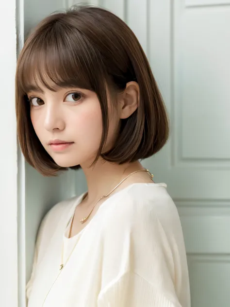 Close-up of a brown-haired woman wearing a white shirt, Shoulder-length hair, Shoulder - Length hair, Medium length hair, Curtai...