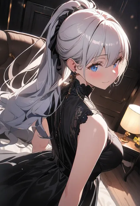(((1 girl)),ray tracing,(dim lighting),[detailed background (living room)),((silver hair)),(silver hair)),((Fluffy silver hair, plump and slender girl)) with high ponytail))) Avoid golden eyes in the ominous living room, showing a delicate and slender figu...