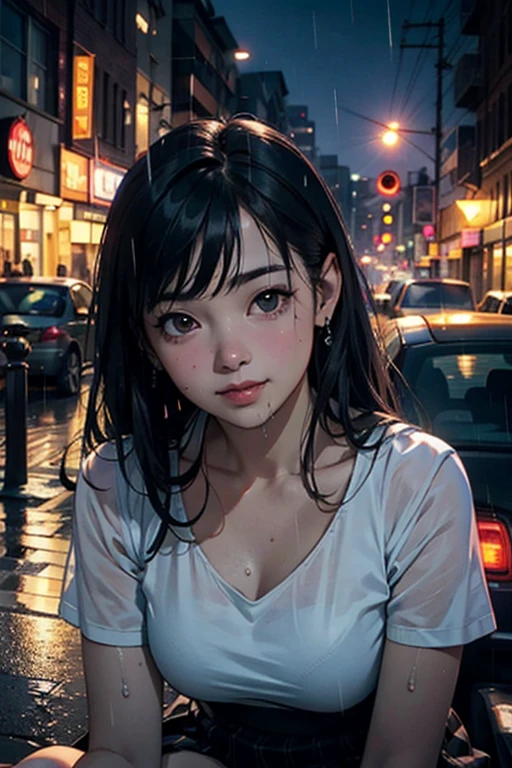 (RAW Photos, 最high quality), (Realistic, photoRealistic: 1.2), (Round face: 1), 1 girl, Outdoor selfie, (Skin with attention to detail: 1.2), (Puffy eyes), (Lying Silkworm), smile, clavicle, water, Straight brown black hair, Black pleated skirt, Soft lighting, high quality, Cityscape, Skyline, night, rain, Wet, Professional Lighting, Photon Mapping, Radio City, Physically Based Rendering,