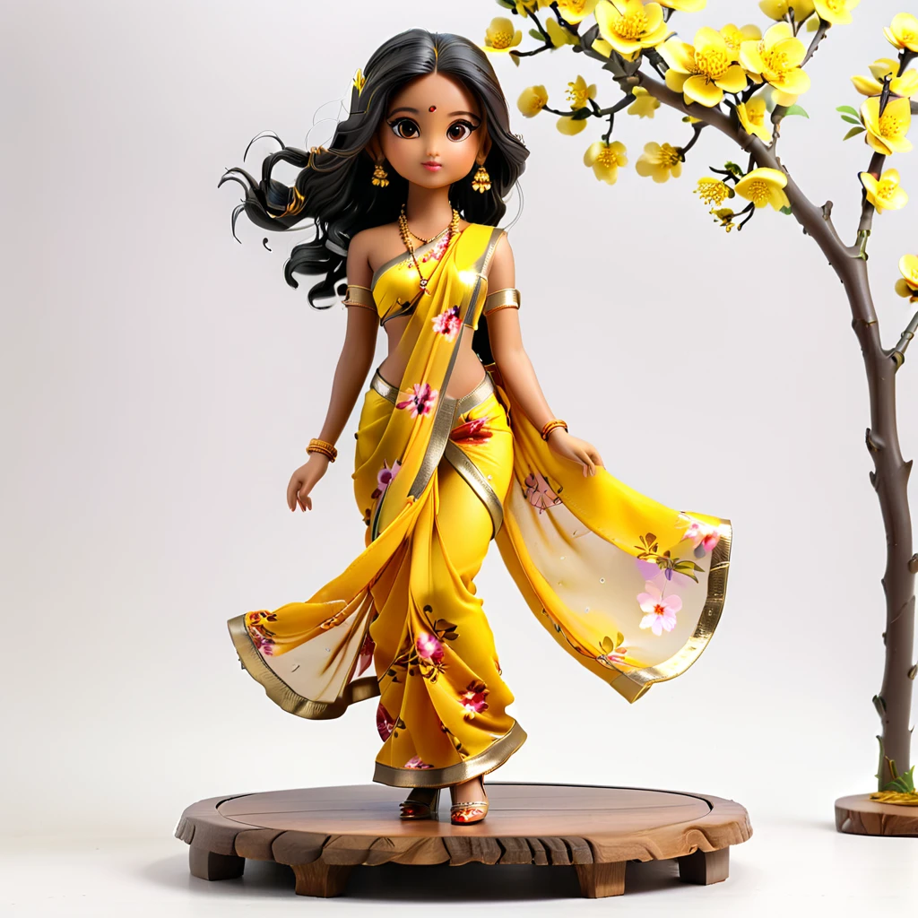 (Blind Box Spielzeug Stil:1.2), full body, solo, white background, (Beautiful Indian Models ,Stand on a round wooden base, white Jasmine Saree, high heels), (Oriental elements, Chinese color, Very colorful),3D