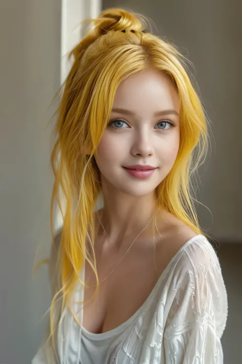 masterpiece,best quality,ultra_detailed,bellissima,1girl, solo, half body, yellow hair, smile
