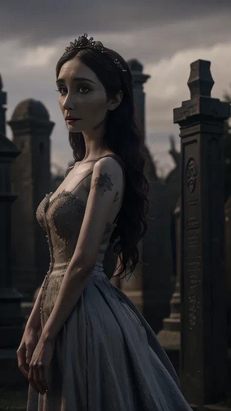 postapocalypse, (carice van houten) as corpse bride, ruby bride dress, standing, in the cemetry, (1woman), (solo), (full body vi...