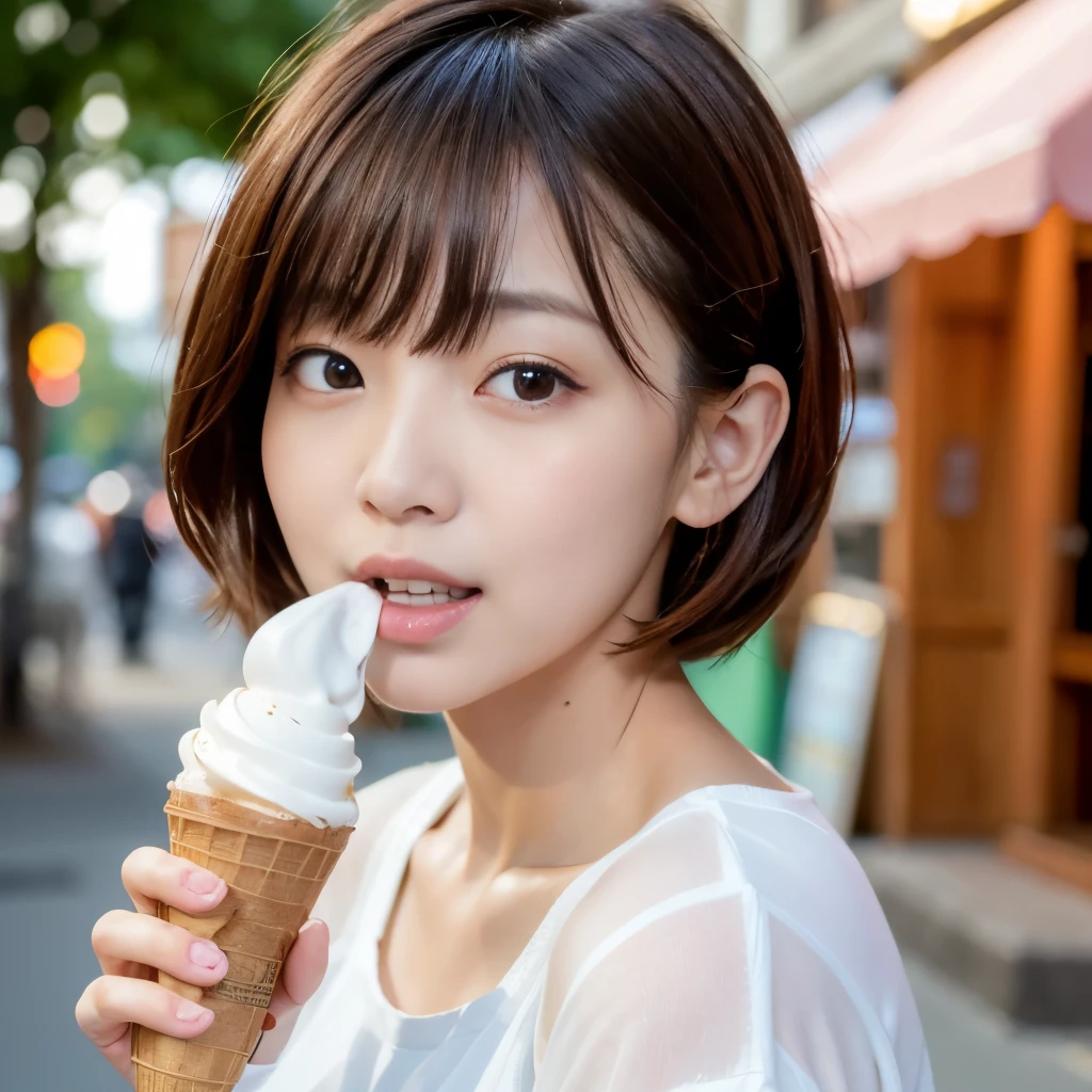 Browsing Caution、highest quality、8k、masterpiece、Ultra-high resolution、クリアなphotograph、リアルなphotograph、Realistic、Professional Lighting、Natural light、photograph、Very cute girl、Short Bob Hair、Brown Hair、Licking soft serve ice cream:1.8、Apply cream to face:1.6、Apply white cream to cheeks:1.6、Face close-up