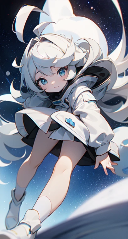  (Shiny skin), White hoodie, Black Skirt, Straight hair, Princess Hairstyles, Ahoge ,White long knee socks,smile,(highest quality, masterpiece), 1 girl, Long Hair, Gray Hair, Starry Sky, Long Hair, (Clear bright blue eyes), Ahoge, idiot girl, Black and white dresses, (space)), low length, Soft Light,