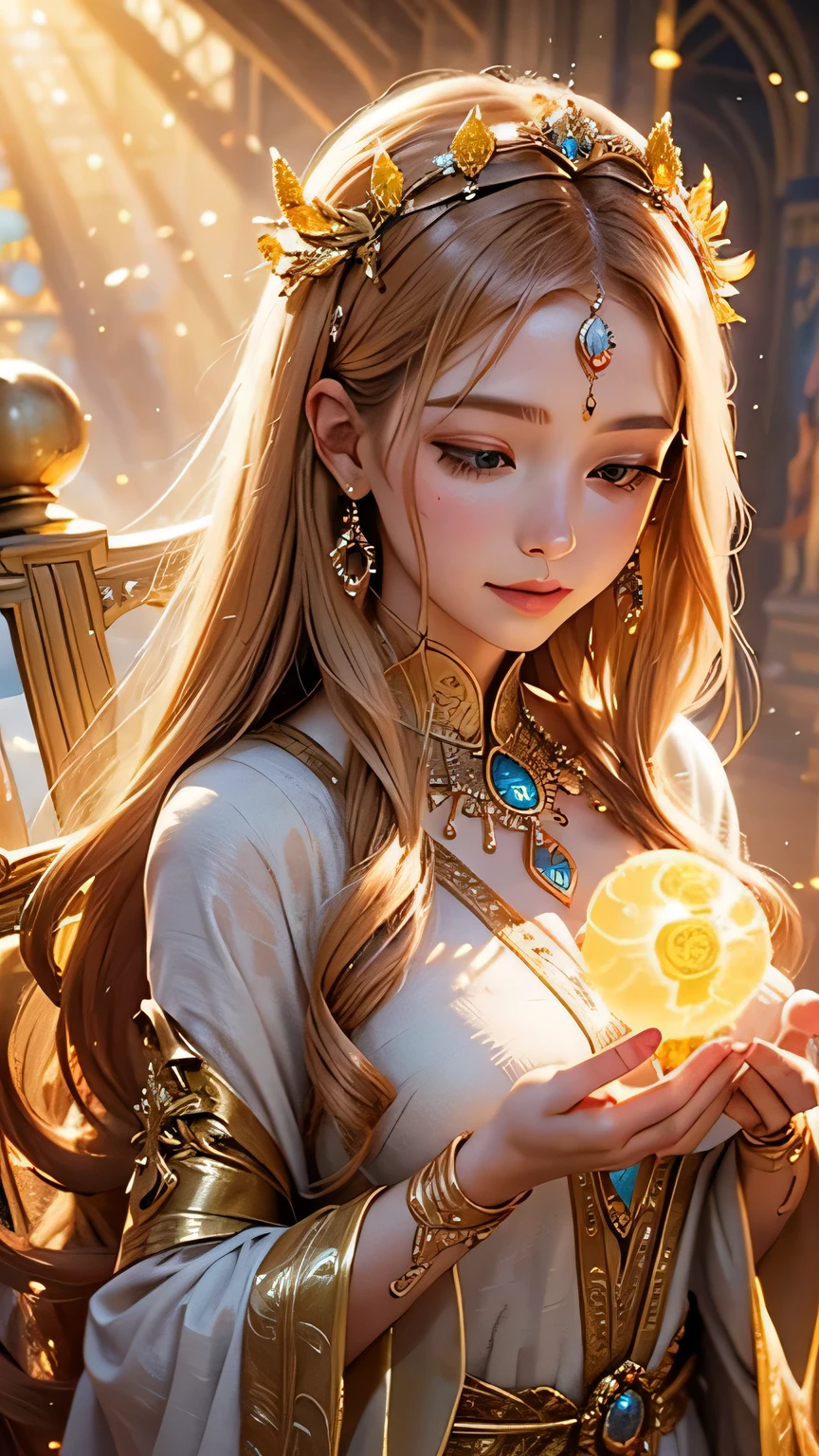 "Maiden of the Sun": Within a sacred sanctuary bathed in sunlight, depict the figure of a sun goddess, facing forward and emanating divine radiance, with golden hair, as she gazes towards us. Zoom in to focus on her face, with light orbs gleaming in her hands, representing the life-giving power of the sun. The background should be predominantly pink, evoking a sense of divine splendor. The setting is in heaven, enveloped in soft, bright light, where one can find tranquility and peace of mind, free from any trace of anxiety. Additionally, the light emanating from her hands should take the form of radiant hearts, resting gently on the palm of her hands.
