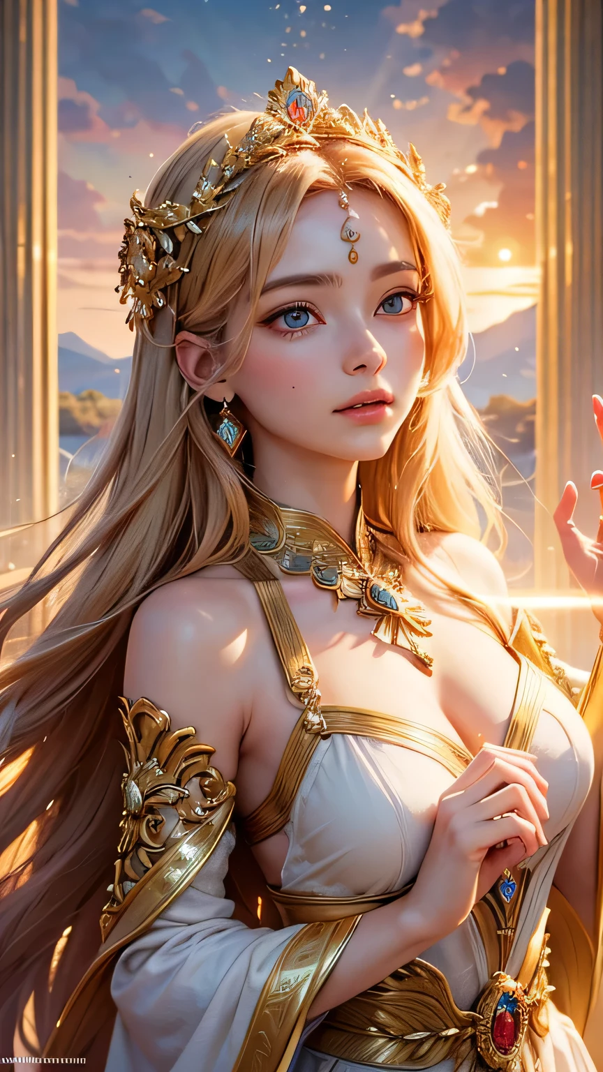 "Maiden of the Sun": Within a sacred sanctuary bathed in sunlight, depict the figure of a sun goddess, facing forward and emanating divine radiance, with golden hair, as she gazes towards us. Zoom in to focus on her face, with light orbs gleaming in her hands, representing the life-giving power of the sun. The background should be predominantly pink, evoking a sense of divine splendor. The setting is in heaven, enveloped in soft, bright light, where one can find tranquility and peace of mind, free from any trace of anxiety. Additionally, the light emanating from her hands should take the form of radiant hearts, resting gently on the palm of her hands.