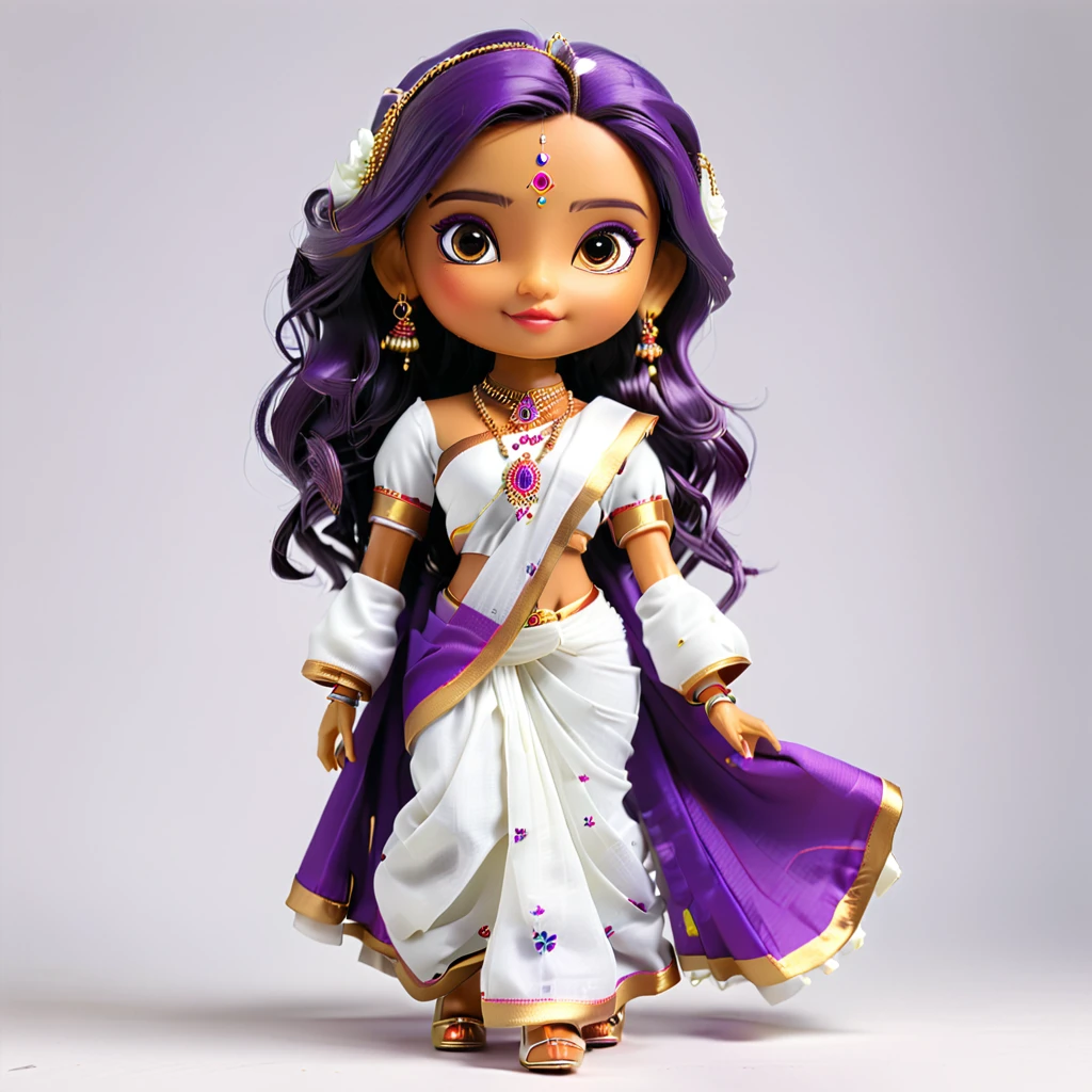 (Blind Box Spielzeug Stil:1.2), full body, solo, white background, (Beautiful Indian Models ,Stand on a round wooden base, white Jasmine Saree, high heels), (Oriental elements, Chinese color, Very colorful),3D