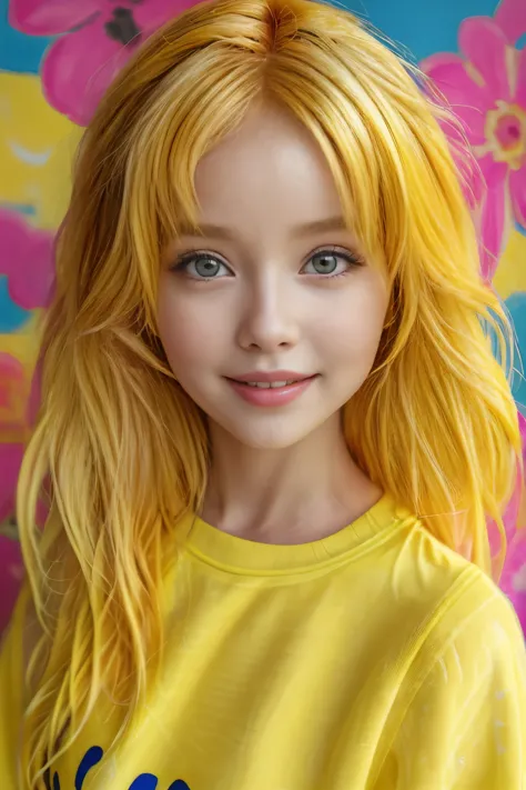 chibi style masterpiece,best quality,bellissima,1girl, solo, half body, yellow hair, cute, adorable, bright colors, cheerful, highly detailed, smile