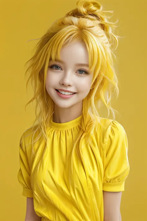 chibi style masterpiece,best quality,bellissima,1girl, solo, half body, yellow hair, cute, adorable, bright colors, cheerful, hi...