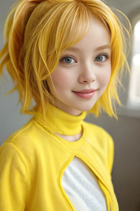 chibi style masterpiece,best quality,bellissima,1girl, solo, half body, yellow hair, cute, adorable, bright colors, cheerful, hi...