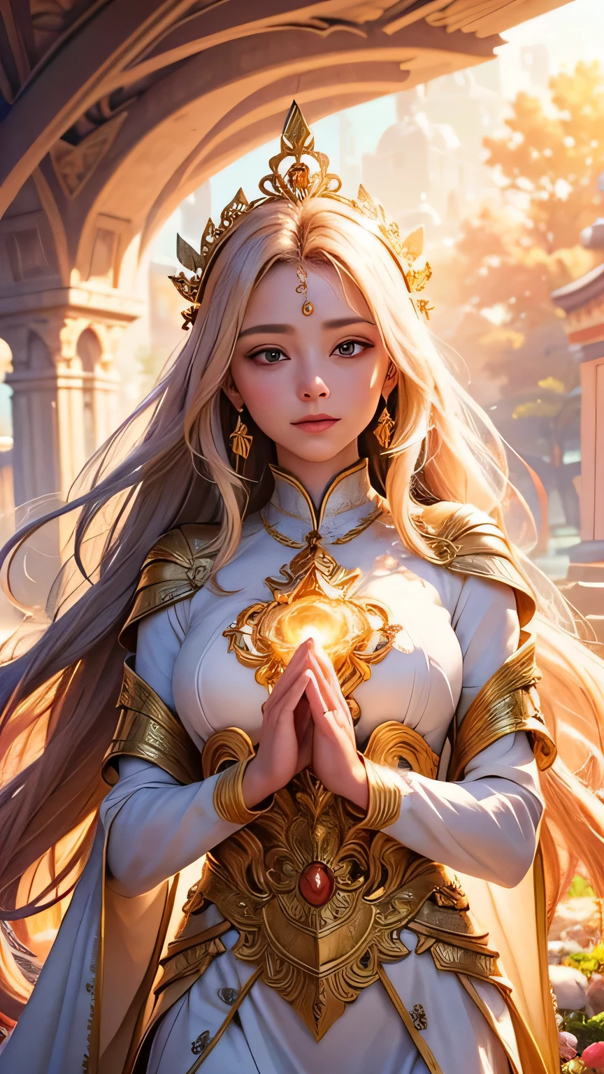 "Maiden of the Sun": Within a sacred sanctuary bathed in sunlight, depict the figure of a sun goddess, facing forward and emanating divine radiance, with golden hair, as she gazes towards us. Zoom in to focus on her face, with light orbs gleaming in her hands, representing the life-giving power of the sun. The background should be predominantly pink, evoking a sense of divine splendor. The setting is in heaven, enveloped in soft, bright light, where one can find tranquility and peace of mind, free from any trace of anxiety. Additionally, the light emanating from her hands should take the form of radiant hearts, resting gently on the palm of her hands.