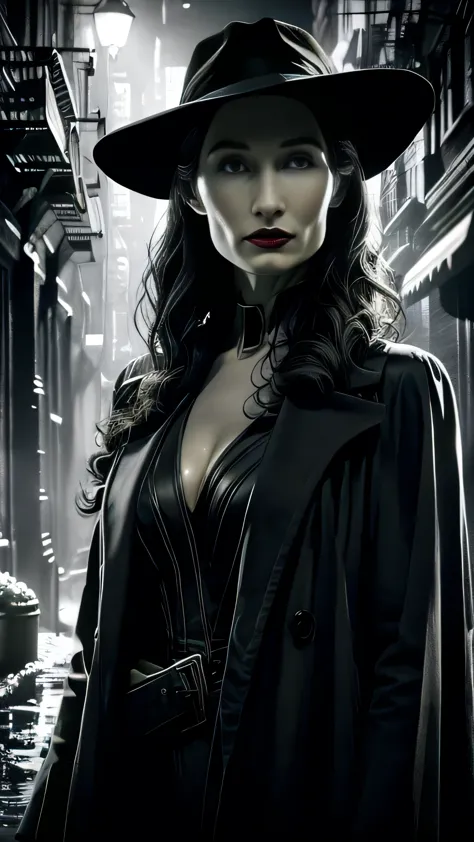 noir, (Carice van Houten) as a noir detective, black coat, black hat, red lips, standing, in the night street, lights, (1woman),...