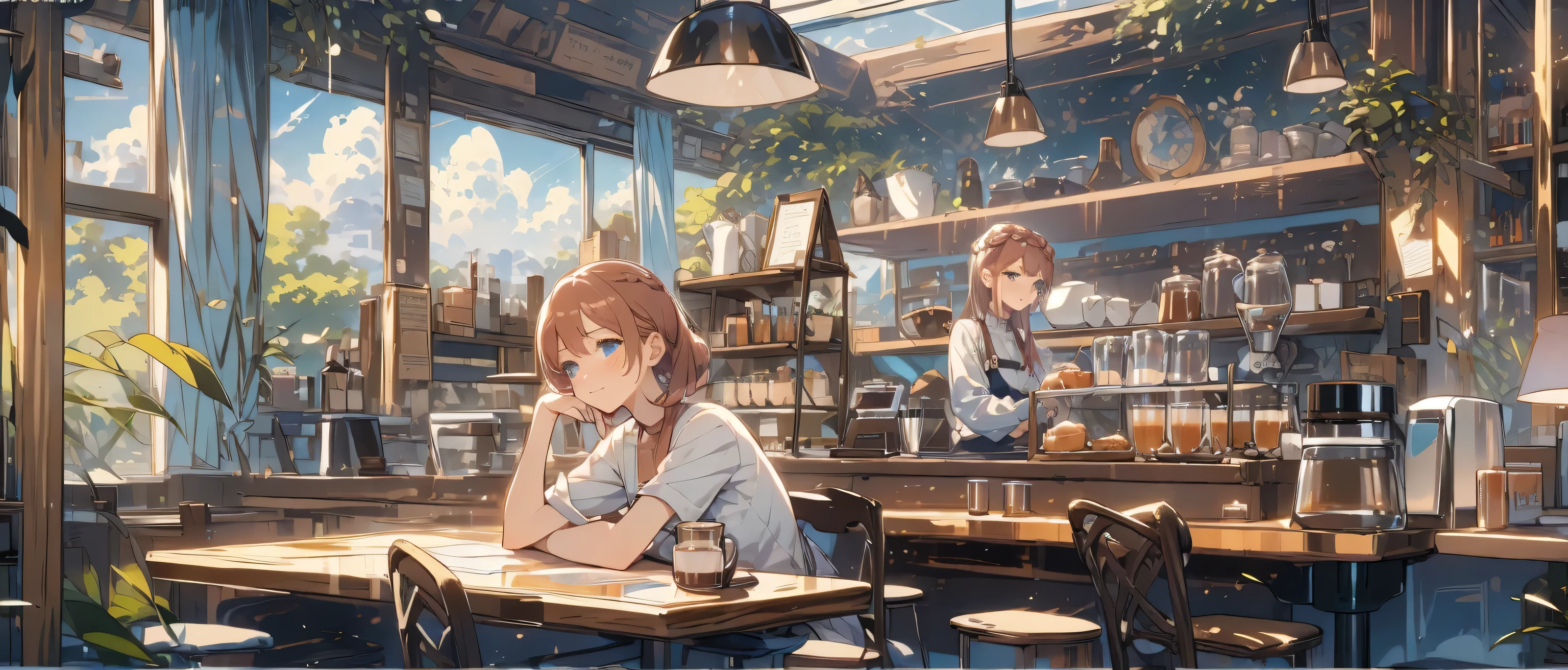 (masterpiece:1.2), best quality,cozy animation scenes, scenery, cityscape, city, window, cloud, sky, food, indoors, computer, book, pillow, chair, cake, monitor, cup, plate, skyline, lying, Imagine yourself stepping into a cozy cafe, where the scent of freshly brewed coffee wafts through the air, and soft jazz music plays in the background. Describe the warm ambiance of this inviting space, where comfortable armchairs beckon you to sink in and unwind with a good book or catch up with a friend over a steaming cup of your favorite brew. the soothing atmosphere, the friendly chatter of patrons, and the gentle glow of warm lighting that envelops you in a sense of tranquility and comfort. A person is brewing coffee meanwhile the other sitting in the table. 2girl, adult, medium size hair, light blue eyes, black shirt, black jeans, beige apron, working, bartender, waitress, making coffee, cafe bar, concentration, looking away, happy, cozy, chill, illustration, masterpiece, ghibli, perfection, high quality, converse shoes, behind the bar counter, doing her job, customers, sunny, black cross earrings, anime lofi, warm, gold temperature,  ((Best Quality)), ((Masterpiece)), (8K, masterpiece, Highest Quality, Best Quality, Official art, Breathtaking beauty and aesthetics, A highly detailed), ((Best Quality)), ((Masterpiece)), ((Realistic)) 19 year old, redhead girl, armpit lenght hair, relaxed happy face ((slender)) (busty), (((jeans and pullover))) (bun hairstyle:1.5),body shape, detailed eyes and face,long eyelashes, pale skin,(intricate-detail:1.2),(​masterpiece, :1.3) ,(top-quality:1.4), armpit lenght hair, relaxed happy face ((slender)) (busty), ((( White bodycon Dress))), (intricate-detail:1.2),(​masterpiece, :1.3) ,(top-quality:1.4), (A high resolution:1.2), A high resolution, (A detailed eye