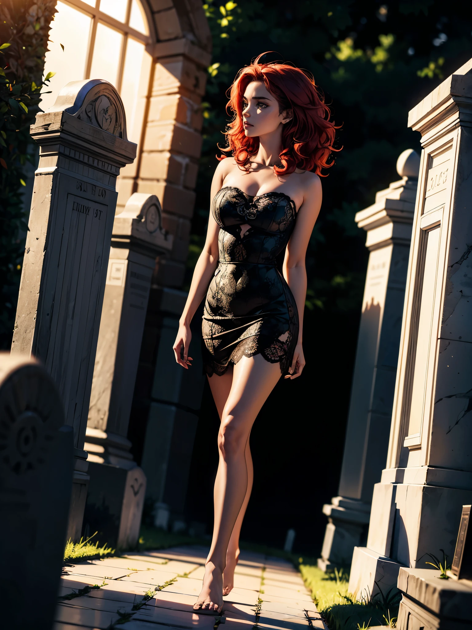 young beautiful woman, 1 woman, walking through cemetery at night, sexy body, skinny body, large , long curly hair, red hair, perfect body, perfect face, very big lips, black eyes, dramatic light, low light, light-green dress, lace dress, strapless dress, very short dress, barefoot, she is scared, dramatic composition, something strange and awful happening, (side view), (long distance view)