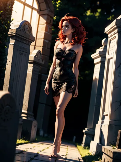 young beautiful woman, 18 year old woman, walking through cemetery at night, sexy body, skinny body, large , long curly hair, re...