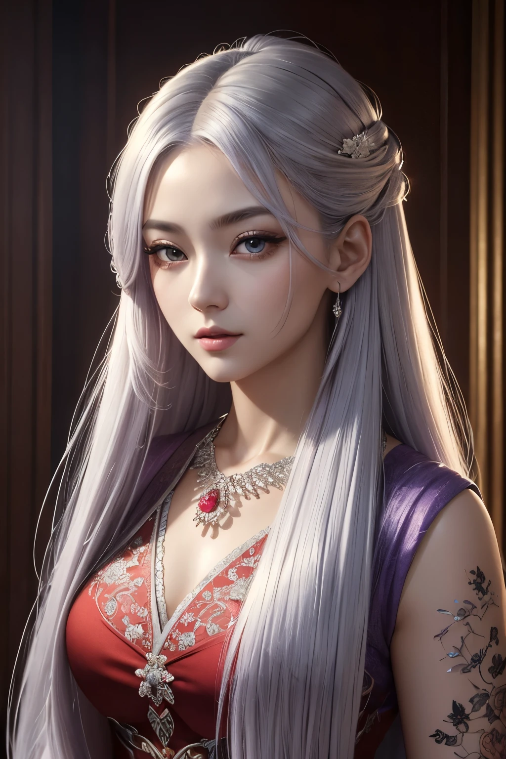 High resolution, masterpiece, mysterious light, ukiyo-e, colorful, long straight hair with silver hair and light purple mesh, beautiful and beautiful hair, mature woman in seamless dress, detailed dress design, elegance, super detail, 8k, realistic Digital art, 32K, ultra-high definition, fantasy art work, award-winning, highly detailed face, looking at the viewer, ultra-detailed, artistically acclaimed, pale red novelty dress, slit, expensive necklace, Detailed eyes, detailed beautiful faces, playful expressions,