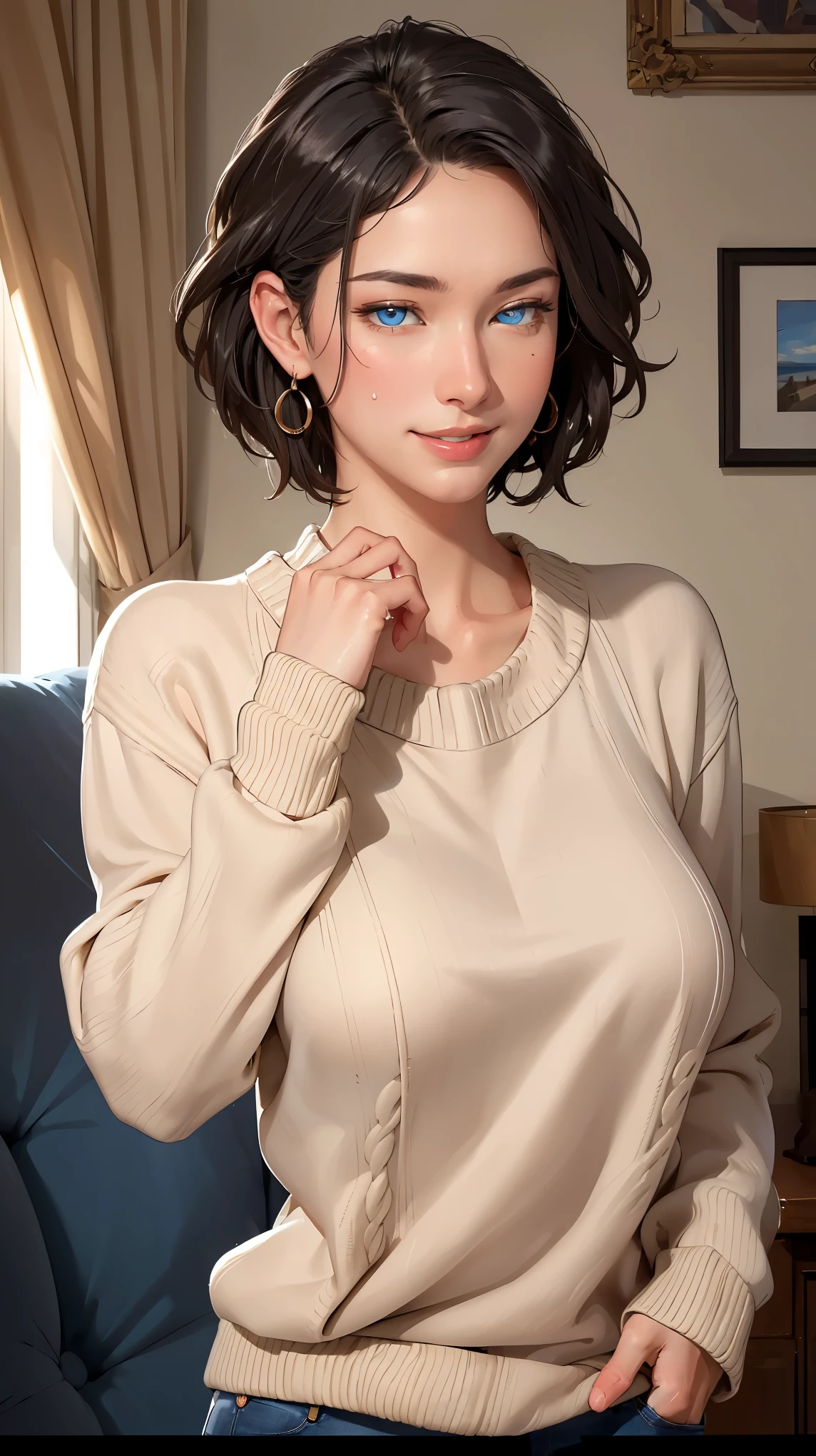 ((((masterpiece, best quality, high resolution)))), Extremely detailed 8K, Beautiful girl with voluptuous body, (Ultra HD, Ultra-detailed, Highly detailed, Highly realistic, Ultra-realistic, photograph realistic), (1girl:1.5), (Realistic black hair), (short wavy hair, earrings), (dynamic poses), facing at camera, looking at viewer, (blushing red, embarrassed, smile), (blue eyes, sharp eyes), (perky breasts:1.2), (beautiful detailed face, beautiful detailed eyes), ((beige sweater, blue jeans)), (standing up), sweat, glow, (sunbeam, sunlight), ((portrait shot)), bedroom