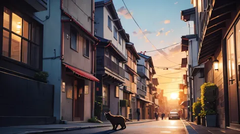 masterpiece、highest quality、a cat walking through the city at sunset、