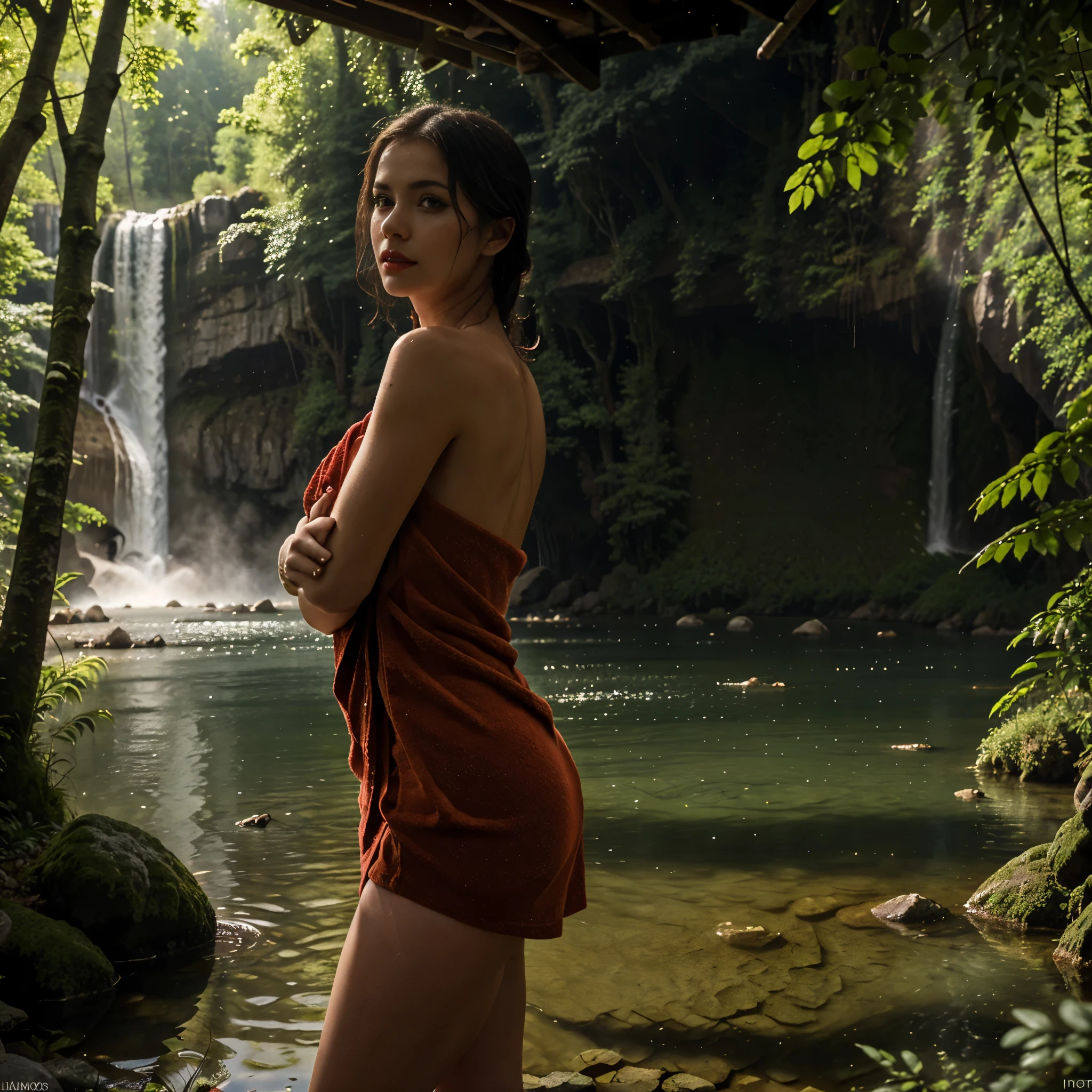 (YES SFW). Beautiful Girl, Spanish makeup, Red lips, big breasts, medium body, wrap a towel, body towel wrap, white towel, thigh, bodytowel, Looking at the viewer, stand, pose standing, lakes, (((view of the lake in the middle of the forest, waterfall))), rainfall, sunlight. Ultra photoreal shot. High details, Backlit. Diffuse lights. Viewed from afar. Dutch angle. realistic hands, wide angle. Isometric, green fog in cave, smoke around