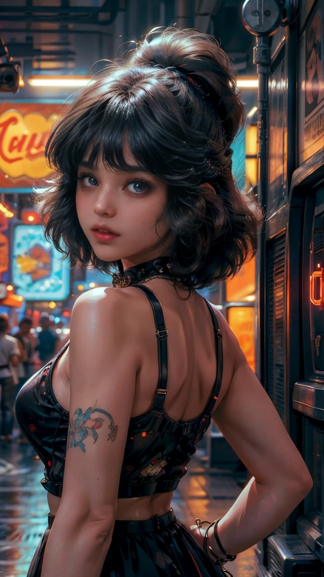 높은 전망 shot, In the heart of the retrowave 80's world, a young beautiful woman with 80's style haircut, 80's fashion sexy neon clothing. in a retrowave gamer room with 80's style, 벽에 걸린 레트로 PC와 뮤직 밴드 포스터, 관능적인 포즈, 레트로웨이브 분위기를 연출하다, 그녀 주변의 에너지와 네온. 장면의 각도가 역동적이고 높습니다., 순간의 강렬함을 포착하다, 좋은 품질의 은색 눈, 카메라를 보는 눈, 매우 상세한, Beautiful and 80's aesthetically pleasing, 걸작, 4K, 매우 상세한 , 다이내믹 하이 앵글, 광선 추적된, 미들 바디, 확대, 높은 전망, 입자와 하드 네온 불빛,