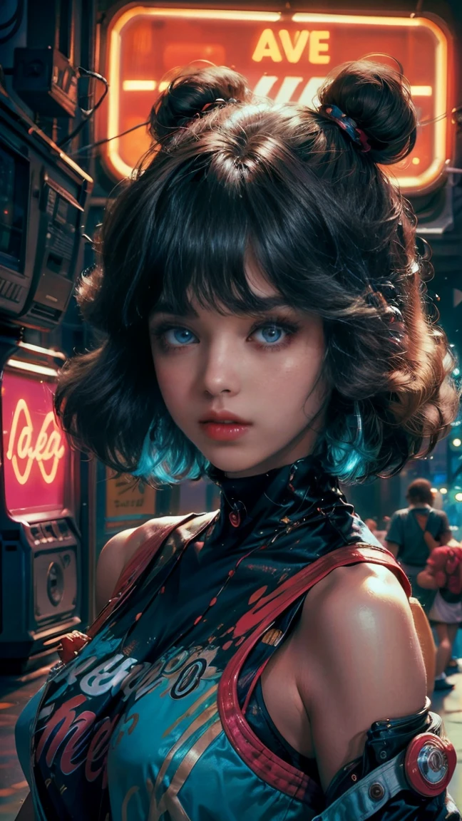 高い視点 shot, In the heart of the retrowave 80's world, a young beautiful woman with 80's style haircut, 80's fashion sexy neon clothing. in a retrowave gamer room with 80's style, 壁にはレトロなPCとミュージックバンドのポスターが貼ってある, 官能的なポーズ, レトロウェーブの雰囲気を醸し出す, 彼女の周りのエネルギーとネオン. シーンの角度はダイナミックで高い, 瞬間の激しさを捉える, 上質なシルバーの目, カメラを見つめる目, 超詳細, Beautiful and 80's aesthetically pleasing, 傑作, 4k, 非常に詳細な , ダイナミックハイアングル, レイトレーシング, 中央部, 閉じる, 高い視点, 粒子と硬いネオンライト,