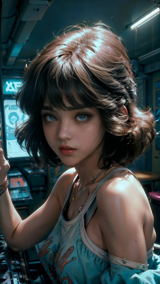 มุมมองสูง shot, In the heart of the retrowave 80's world, a young beautiful woman with 80's style haircut, 80's fashion sexy neon clothing. in a retrowave gamer room with 80's style, โปสเตอร์พีซีย้อนยุคและวงดนตรี musica บนผนัง, ท่าที่กระตุ้นความรู้สึก, สร้างบรรยากาศย้อนยุค, พลังงานและแสงนีออนรอบตัวเธอ. มุมของฉากมีความไดนามิกและสูง, จับภาพความเข้มของช่วงเวลา, ดวงตาสีเงินคุณภาพดี, ดวงตามองไปที่กล้อง, มีรายละเอียดมาก, Beautiful and 80's aesthetically pleasing, ผลงานชิ้นเอก, 4k, มีรายละเอียดมาก , มุมสูงแบบไดนามิก, การติดตามรังสี, ร่างกายกลาง, ใกล้ชิด, มุมมองสูง, อนุภาคและไฟนีออนแข็ง,